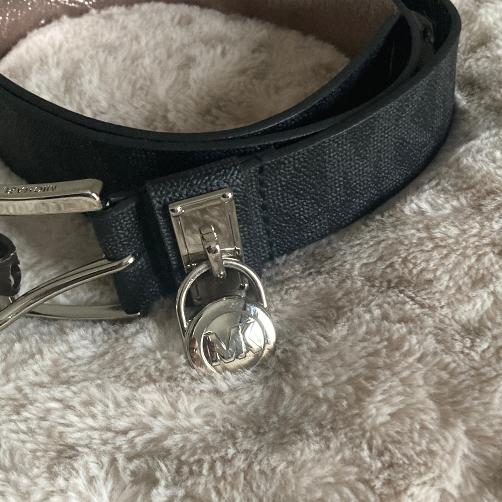 Michael Kors Black Leather Belt with Silver Charm